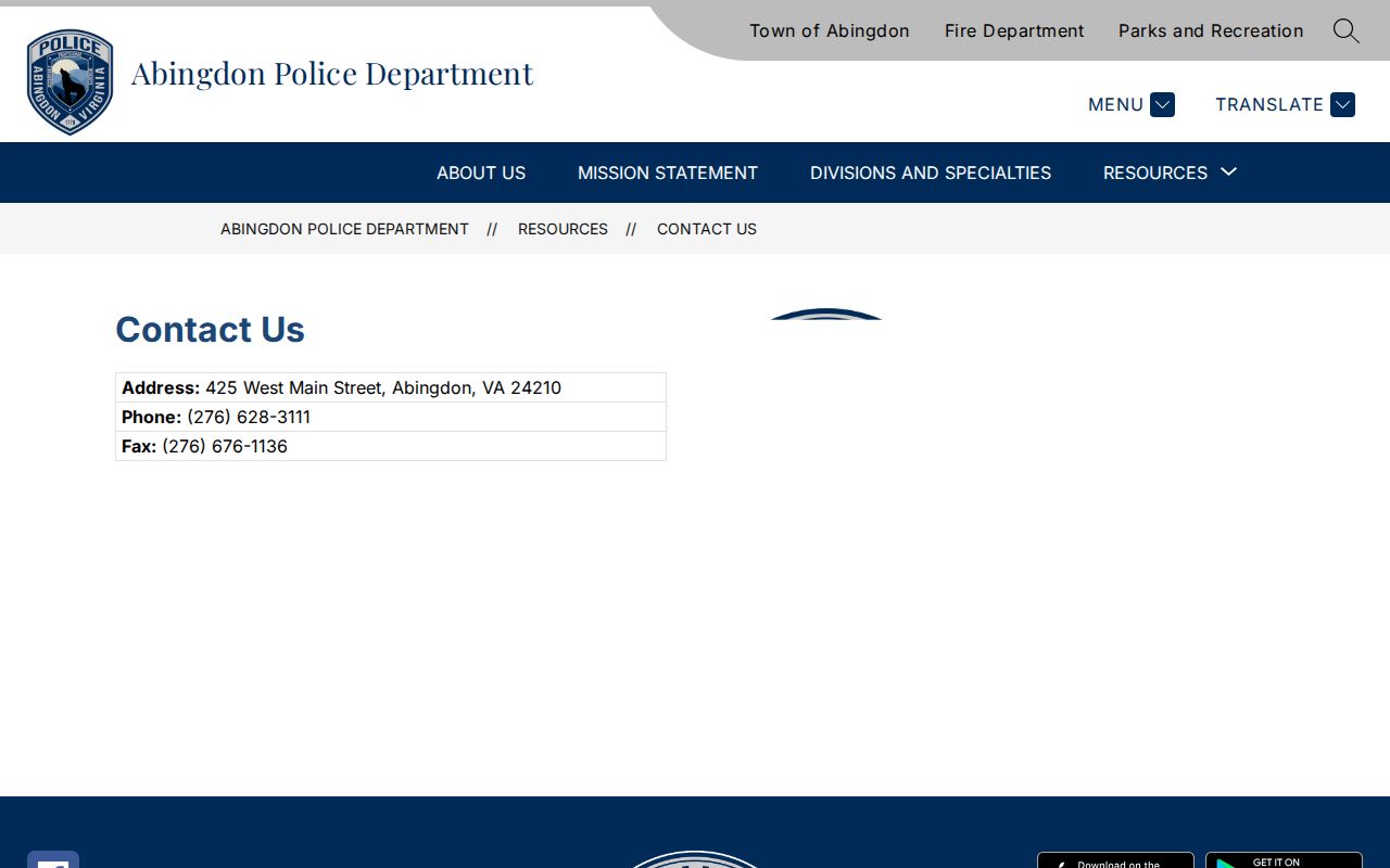 Abingdon criminal records contact information for town police