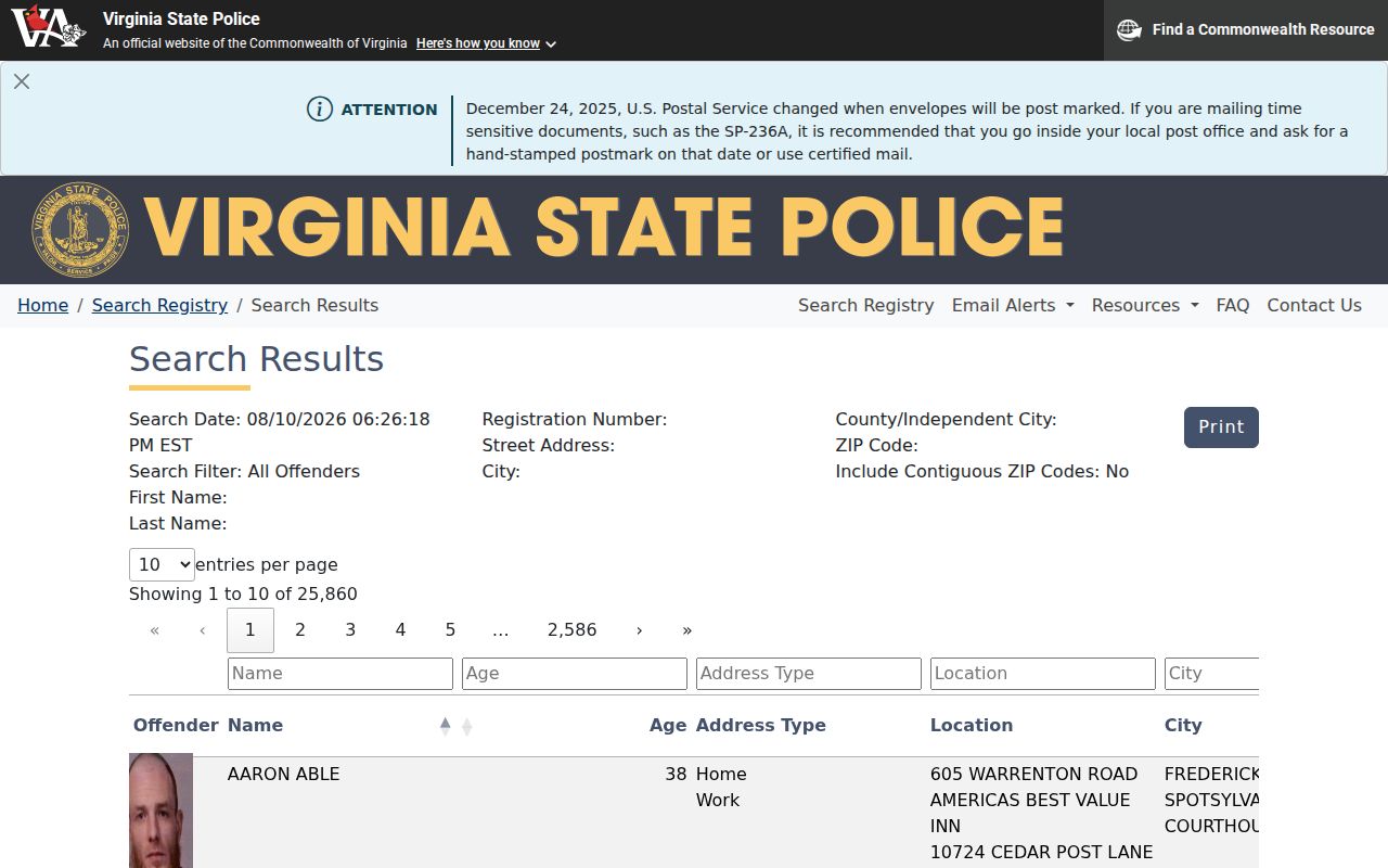 Washington County sex offender registry results interface